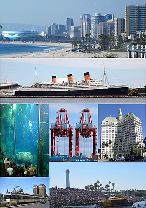 Gambar dari atas, kiri ke kanan: Long Beach skyline dari Taman Bluff, RMS Queen Mary, Aquarium of the Pacific Blue Cavern exhibit, Hanjin Terminal di Port of Long Beach, Villa Riviera, Metro Blue Line, Long Beach Lighthouse