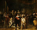 Rondul de noapte; de Rembrandt; 1642; ulei pe pânză; 3,63 × 4,37 m; Rijksmuseum, Amsterdam, Țările de Jos[108]