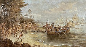 A painting depicting a boat containing armored men being rowed from ships on the horizon onto a shoreline crowded with people in loincloths, while in the background a native kneels before a small group of European men with a large white banner bearing a black cross