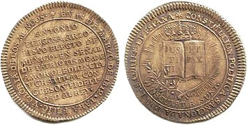 Moneda de dos reales con proclama de "fidelidad al rey" en ocasión de la "Constitución política sancionada por las Cortes de España", México, 1812.