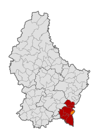 Map of Luxembourg with Remich highlighted in orange, and the canton in dark red