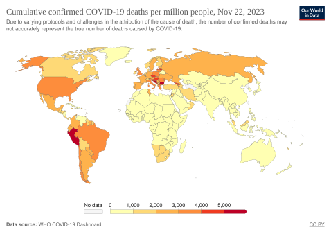 Totaal bevestigde sterfgevallen door COVID-19 per miljoen mensen (26 maart 2020)