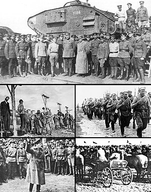 Сверху вниз, слева направо: Вооружённые силы Юга России в 1919 году, повешение австро-венгерскими войсками рабочих Екатеринослава во время австро-германской оккупации в 1918 году[1], красная пехота на марше в 1920 году, Л. Д. Троцкий в 1918 году, тачанка 1-й Конной армии.