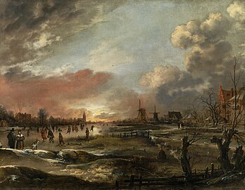 Aert van der Neer, Paysage d’hiver avec des patineurs au coucher du soleil, vers 1665, musée Liechtenstein