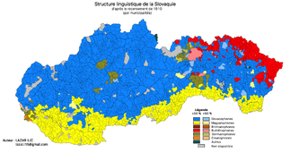 Carte majoritairement bleue où apparaissent de nombreuses zones jaunes (Hongrois) au sud et rouges (Ruthènes) à l'est.
