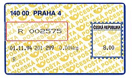 Знак почтовой оплаты (стоимостью 8 крон) в виде напечатанной наклейки, применяемый в работе чешской почты (Прага, 1994)