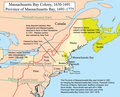 Image 9Major boundaries of Massachusetts Bay and neighboring colonial claims in the 17th century and 18th century; modern state boundaries are partially overlaid for context (from History of Massachusetts)