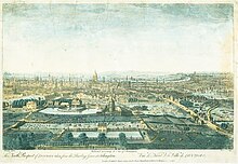 View of London from the north. St Paul's Cathedral can be seen in the distance. In the foreground are fields and a mill.