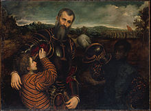An oil painting depicts a partially-armoured man who is assisted by two boys, one of whom is tying on some armour onto his arm while the other holds his helmet. A group of soldiers are amassed in the background.