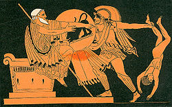 Neoptolemosz megöli Asztüanaxot, Hektór fiát nagyapja Priamosz előtt