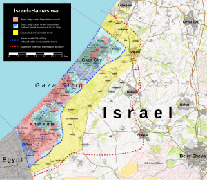 Map of the Gaza Strip and part of Israel. The part of Israel surrounding the Strip is marked as evacuated. Some parts of the Strip is marked as under Israeli control, and the remainder is marked as under Hamas control.