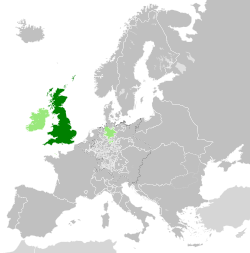 Ison-Britannian sijainti vuonna 1789 tummanvihreällä. Irlannin kuningaskunta ja Braunschweig-Lüneburgin vaaliruhtinaskunta vaaleanvihreällä.