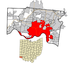 上: ハミルトン郡におけるシンシナティの市域 下: オハイオ州におけるハミルトン郡の位置の位置図