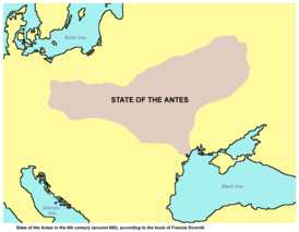 Карта, показывающая государство антов около 560 года по данным из книги Френсиса Дворника.
