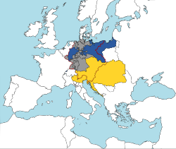 The German Confederation in 1820. The two major powers - the Austrian Empire (yellow) and the Kingdom of Prussia (blue) - were not totally enclosed by the confederation's borders (red)