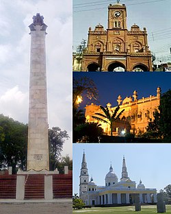 Clockwise from Top: Martyr Memorial, Meerut Clock Tower, Mustafa Castle, Basilica of Our Lady of Graces