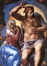 Detalhe - Maria e Cristo, em O Juízo Final de Michelangelo; essa representação foi muito criticada.