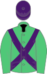 Emerald green, purple cross belts, purple cap