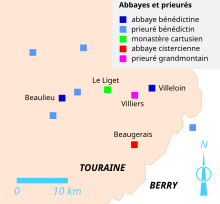 Carte en couleurs montrant par un jeu de points de couleurs l'emplacement d'abbayes.