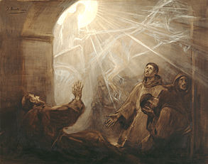 "Francis of Assisi visiting his convent while far away, in a chariot of fire", karya José Benlliure y Gil