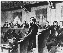 Август Бебел и Вилхелм Либкнехт, обвиняеми на Лайпцигския процес за държавна измяна