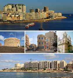 From top: Skyline in the Strand and Tigné Point, Fort Tigné, Lombard Bank building, Stella Maris Church, skyline in Tower Road