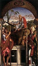 Святые Христофор, Иероним и Людовик Тулузский. 1513. Холст, масло. Церковь Сан-Джованни Кризостомо, Венеция