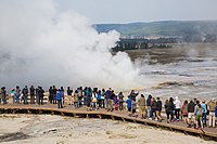 People watching Clepsydra Geyser erupt, 2015