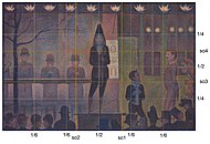 Georges Seurat, 1887–88, Circus Sideshow (Parade de Cirque), oil on canvas, 99.7 × 140.9 cm, Metropolitan Museum of Art. Golden mean overlay (section d'or, so1 - so4) and 4 : 6 ratio grid