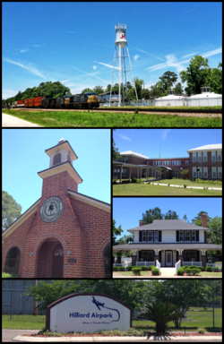 Top, left to right: Railroad and watertower, City Hall, Hilliard Middle-Senior High School, Hilliard Mansion, Hilliard Airpark