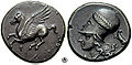 Corinthian stater. Obverse: Pegasus with Qoppa (Ϙ) beneath. Reverse: Athena wearing Corinthian helmet. Qoppa symbolised the archaic spelling of the city (Ϙόρινθος).