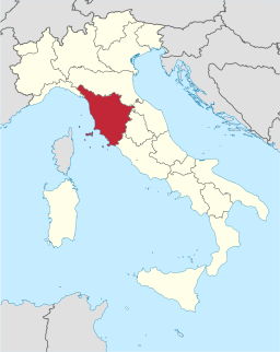 Karta över Italien med Toscana markerat