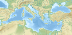 Mapa konturowa Morza Śródziemnego, po prawej nieco na dole znajduje się punkt z opisem „Cypr”
