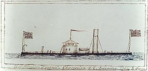 A rough color sketch of USS Squando at Charleston, South Carolina, in December 1865.