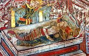 Detail of Siddharta looking in at his sleeping wife and child before leaving. Thai mural.