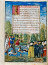 סצינת צייד של צבי הנלכד בנהר. כתב יד גרמני 1520.