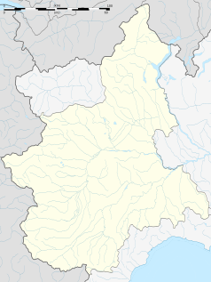 Mapa konturowa Piemontu, w centrum znajduje się punkt z opisem „Casalborgone”