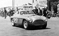 1950 Ferrari 195 S berlinetta by Carrozzeria Touring, at the Coppa della Toscana. Chassis No. 0026M. Outright winner of the 1950 Mille Miglia, driven by Gianni Marzotto in a double-breasted suit.