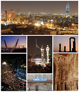 Amman şehir görüntüleri, Sağdan sola ve üzeri yukarıdan aşağıya: Amman gece görünümü, Amman Kalesi'ndeki Herkül Tapınağı, Emevi Sarayı, Hicaz Demiryolu İstasyonu, Roma Tiyatrosu, Abdun Köprüsü, Kral I. Abdullah Camii ve Rağadan Bayrak Direği