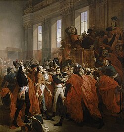 General Bonaparte vor em Rot vu dr Fimfhundert z Saint Cloud am 10. Novämber 1799. Gmälde vum François Bouchot, 1840