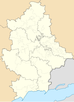 Mapa konturowa obwodu donieckiego, blisko centrum na prawo u góry znajduje się punkt z opisem „Łuhanśke”