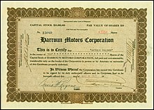 Stock certificate of Harroun Motors
