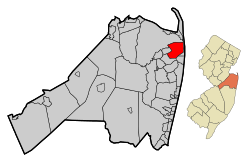Map of Rumson in Monmouth County. Inset: Location of Monmouth County highlighted in the State of New Jersey.