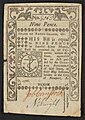 A nine-pence banknote issued by Rhode Island in 1786 with the inscription: ""STATE OF RHODE-ISLAND, &c. THIS Bill is equal to NINE PENCE in Lawful Silver Money, and shall be received in all Payments within this State, agreeable to an Act passed by the GENERAL ASSEMBLY of said State, at their May Sessions, holden at the City of Newport, A. D. 1786. 9d." ; "Committee" is written vertically, to the right of the signatures. ; Within seal: "DOMINE SPERAMUS IN TE".