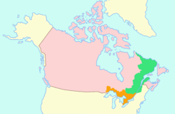 Tỉnh Canada được chia làm hai vùng: Tây Canada (cam) và Đông Canada (xanh).