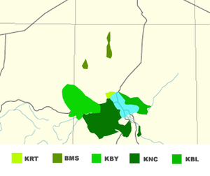 Map of the majority usage of the five major languages of the Kanuri language group. *BMS Kanuri, Bilma *KNC Kanuri, Central *KNY Kanuri, Manga *KRT Kanuri, Tumari *KBL Kanembu