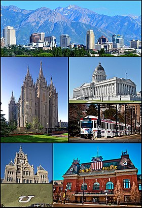 Do topo, da esquerda para a direita: Panorama em julho de 2011, Templo de Salt Lake, Capitólio do Estado de Utah, UTA Trax, City and County Building, Union Pacific Depot e o Block U