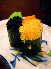 Tobiko in varying colors, served as sushi