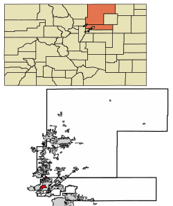 Location of the City of Northglenn in Adams and Weld counties, Colorado.