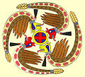 Svastica disegnata dall'Uccello del Tuono, Serpente Piumato o Uccello Serpente, ripetuto quattro volte intorno a una croce centrale, della cultura del Mississippi.